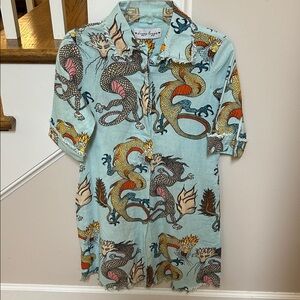 Dizzy Lizzy XS Chatham Dress in light blue with dragon motif raw hems